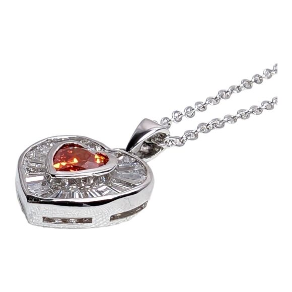 Silver Tone Red Heart Pendant Necklace with Baguette CZ Stones & Red Rhinestone - Picture 3 of 5